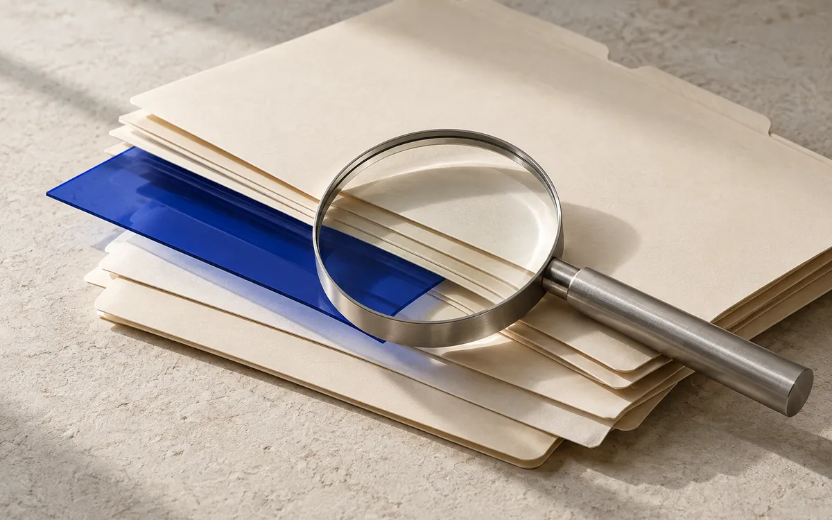 A magnifying glass over paper folders and a cobalt sheet
