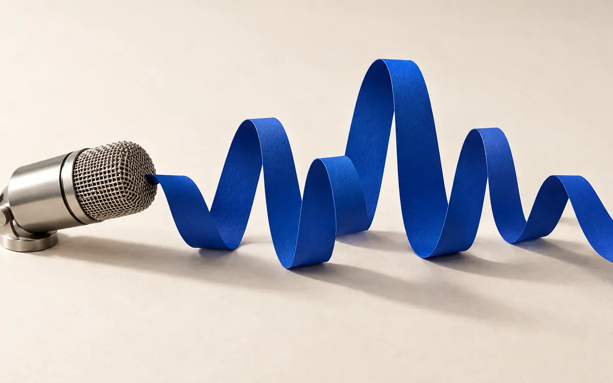A cobalt paper waveform beside a silver microphone