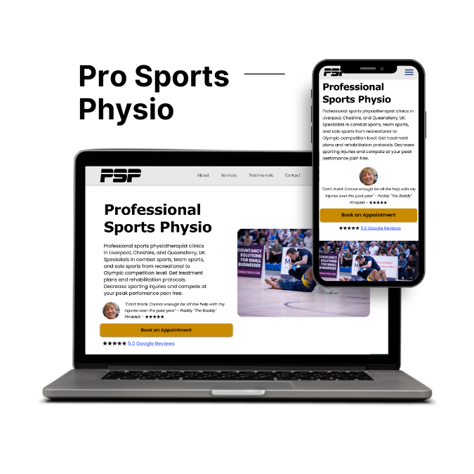 mockup image of professional sports physio website on a laptop and a phone