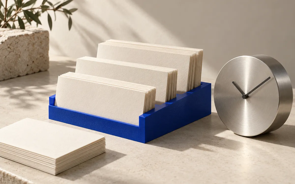 Paper appointment cards in a cobalt holder beside a silver clock
