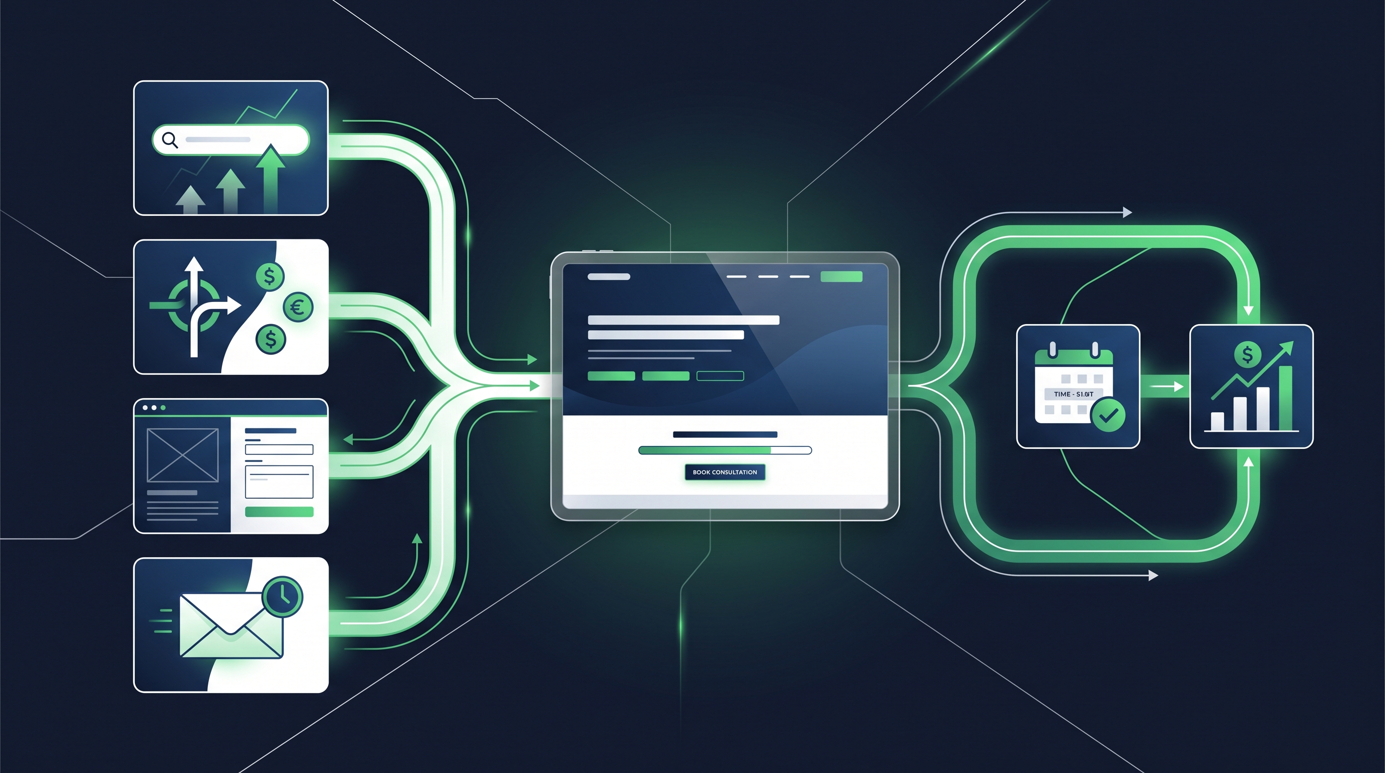 Traffic, landing pages, and follow-up flowing into a website designed to convert.